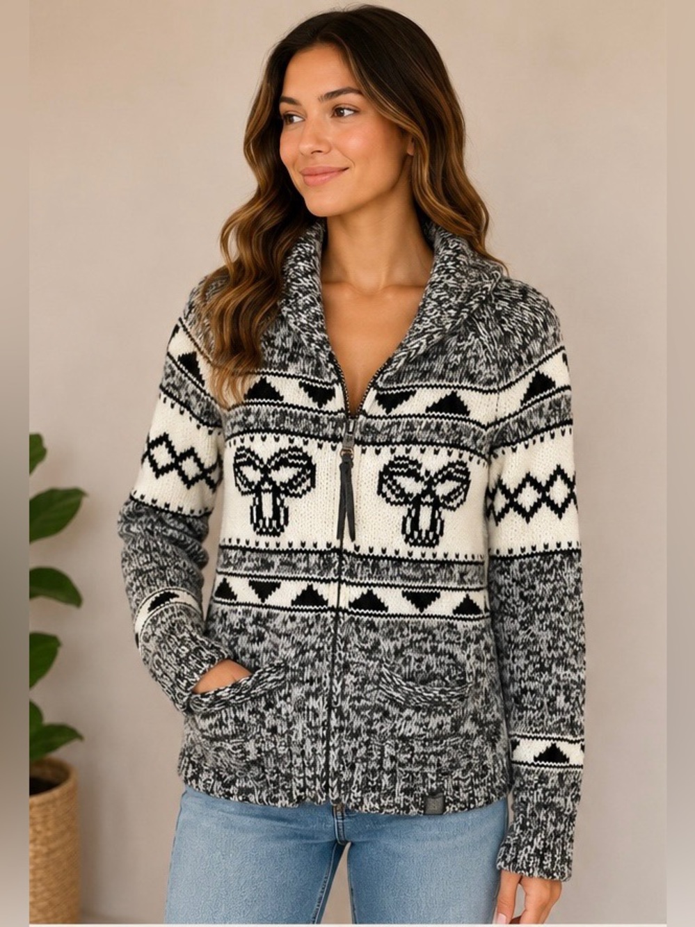 TNA Black and White Patterned Zip Front Shawl Collar Wool Sweater - Picture 1 of 7